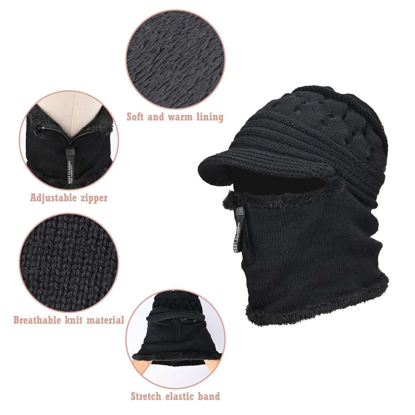 Yonchic Fleece Lined Beanie Hat, Elastic Soft Ear Protection Knitted Scarf Mask Hat with Zipper, Face Neck Warmer Set for Women (Black)