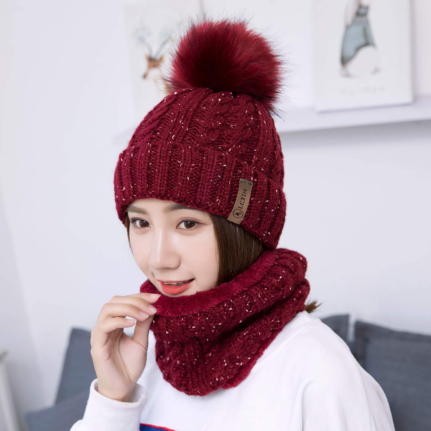 LCZTN Womens Pom Beanie Hat Scarf Set Girls Cute Winter Ski Hat Slouchy Knit Skull Cap with Fleece Lined