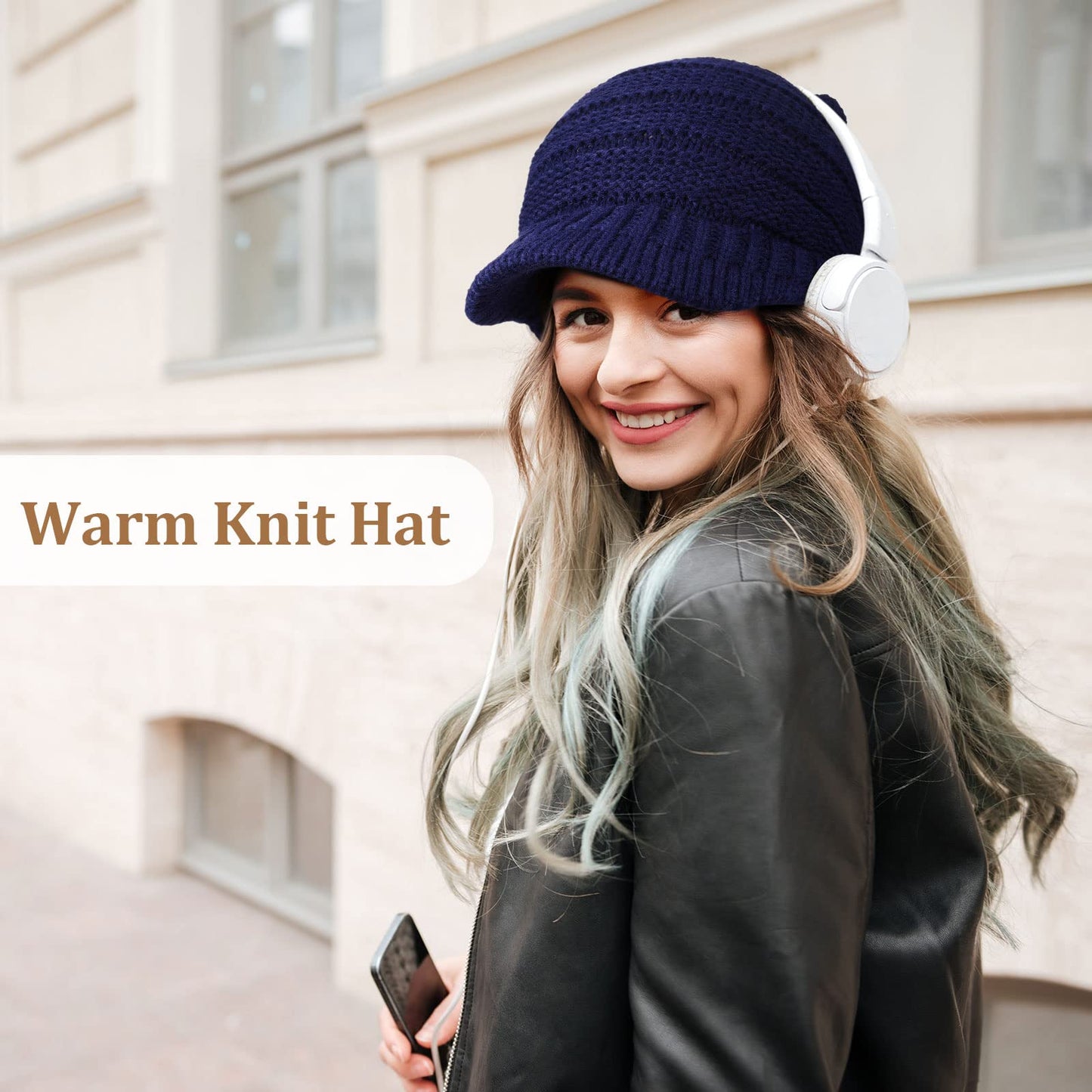 SATINIOR Women Knit Hat Winter Brim Beanie Hats for Women Slouchy Beanie Cap with Visor Warm Newsboy Skull Cap (Navy, Beige, Wine Red, 3)