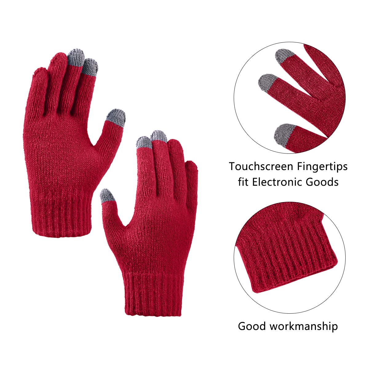 Womens Beanie Hat Scarf Gloves Set,Fleece Lined Winter Hat with Pom Pom,Long Knit Scarf Touchscreen Gloves for Cold Weather (Wine Red)