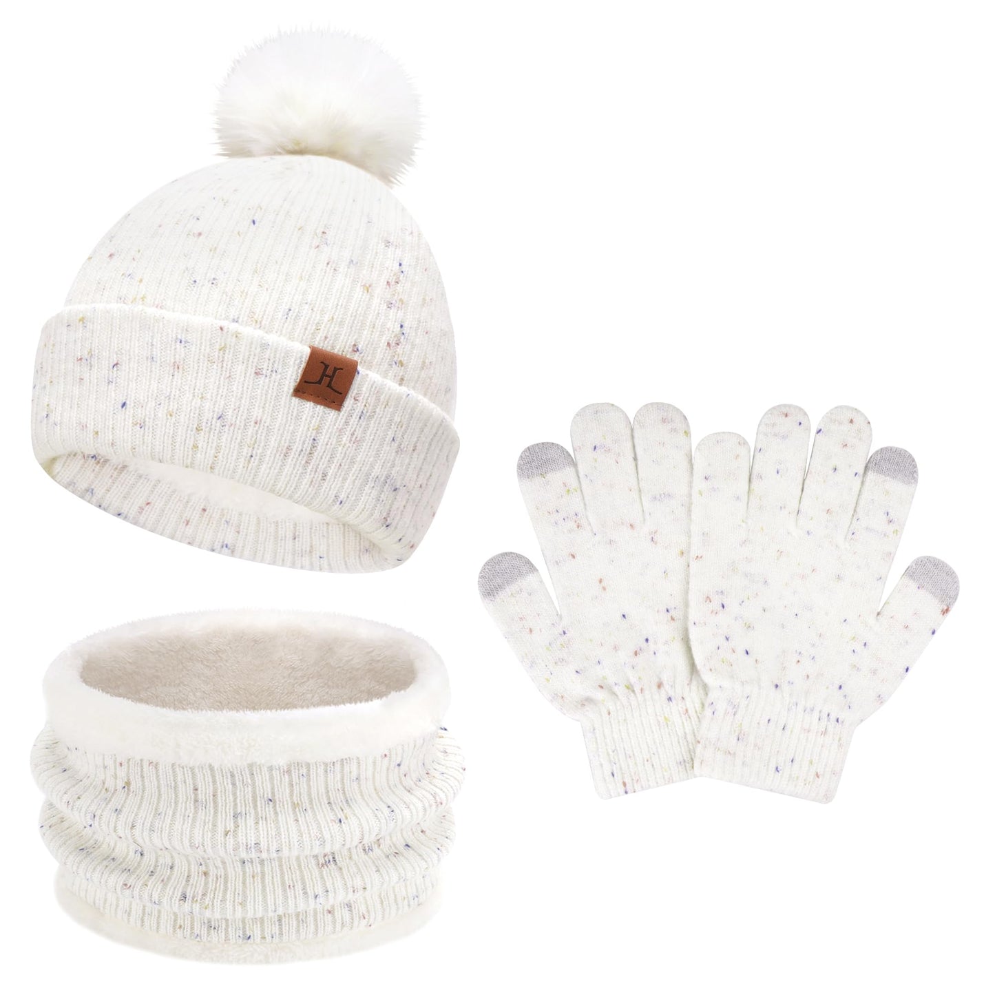 Toddler Kids Winter Hats Touchscreen Gloves Scarfs Set Pompom Beanie Caps Neck Warmer with Fleece for 5-8 Years Old Baby Girls Boys Gifts