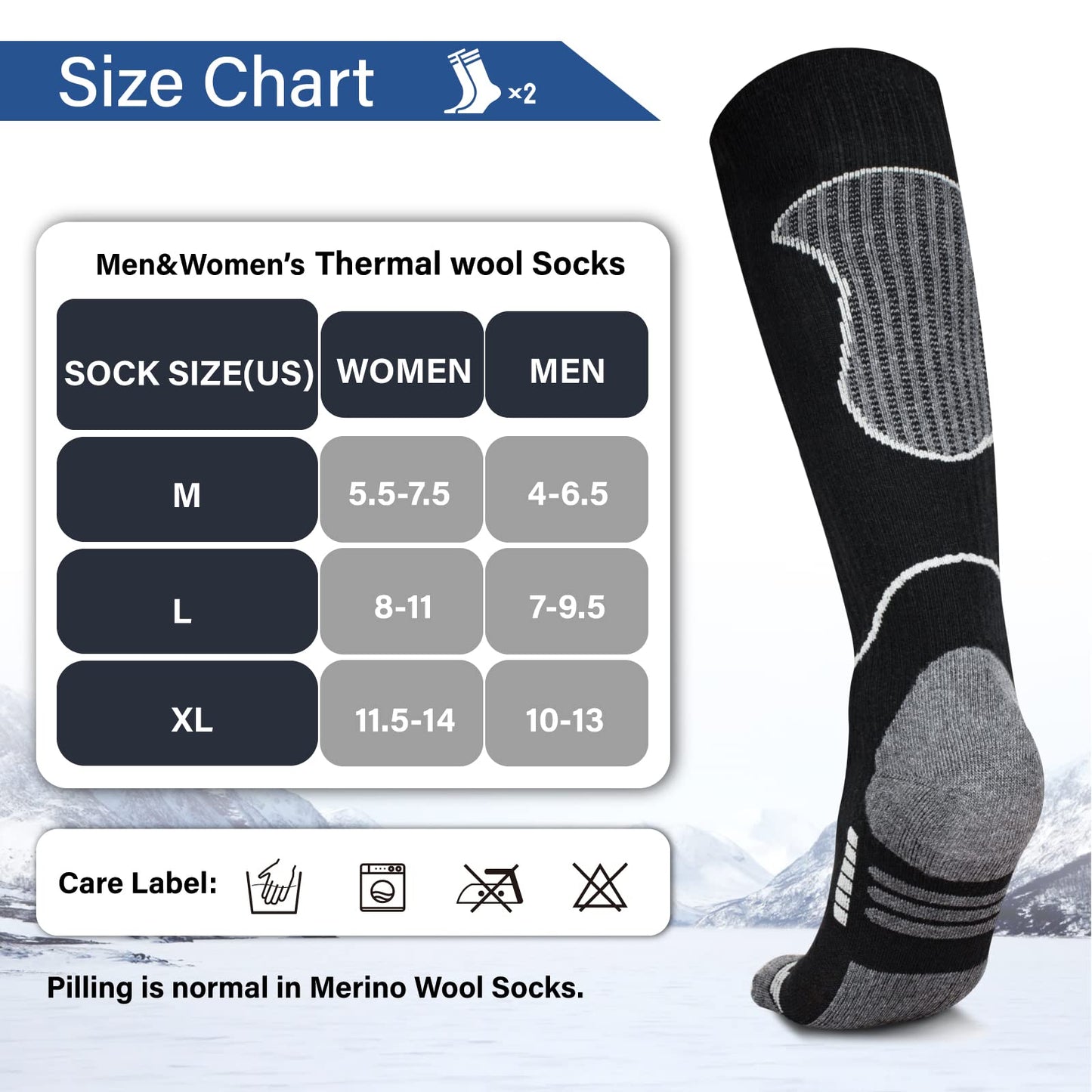 Merino Wool Ski Socks 2 Pairs, Thermal Knee High Warm Socks for Snowboarding, Hiking, Cold Weather, Snow, Hunting