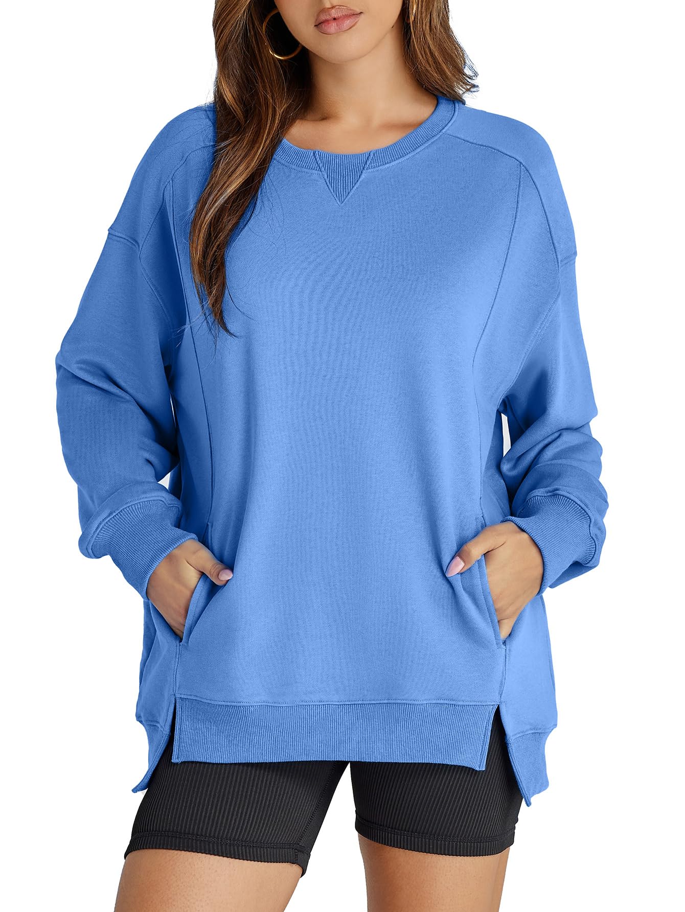 Glamaker Women's Long Sleeve Pullover Sweatshirt Oversized Sweatshirts Casual Crew Neck Tops Y2k Winter Fall Clothes Blue XL