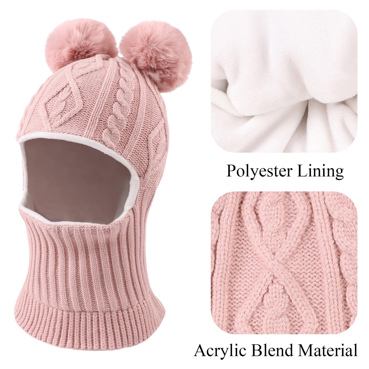 Winter Baby Knitted Hat Scarf Kids Boys Girls Hood Hats Toddler Earflap Beanie with Pompom(Skin Pink Pompom,S)