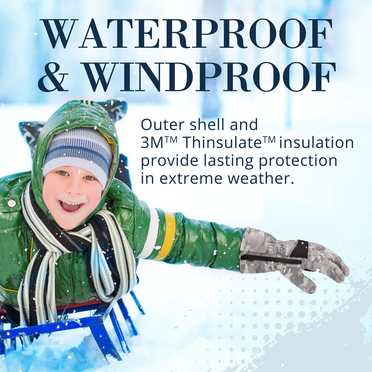 Andy & Evan Kids' Waterproof Snow Gloves Winter Gloves Side Zippers Touchscreen Ski Snowboard Sledding w/Warm Fleece Palms, Camo, Size 11-12