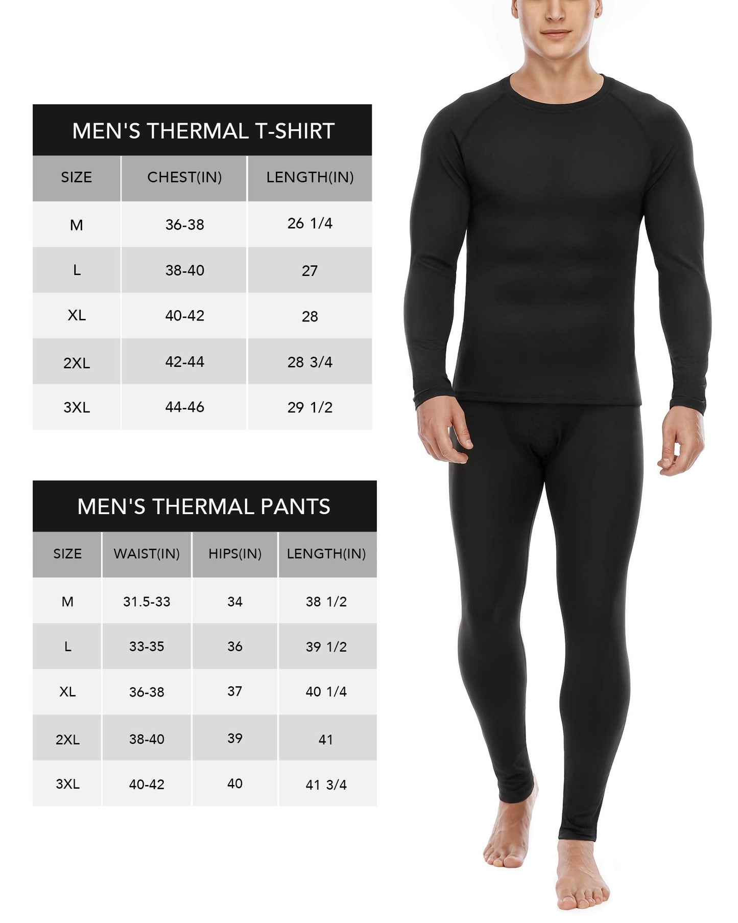 Roadbox Thermal Underwear for Men: Fleece Lined Long Johns Base Layer, Extreme Cold Weather Winter Ski Thermals Top and Bottom Set Black