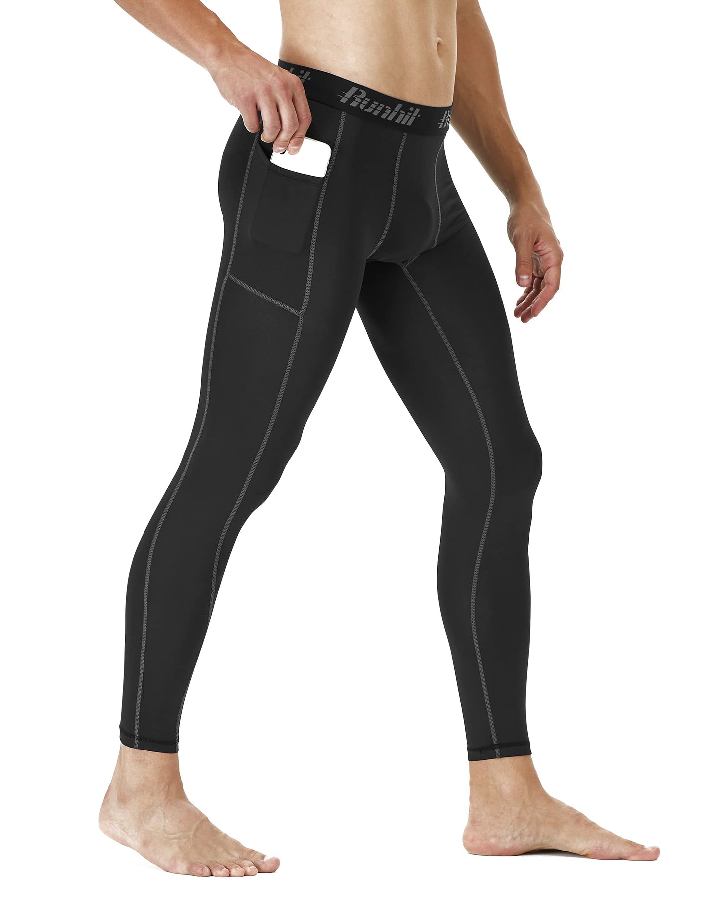 Runhit Mens Leggings Compression Pants for Men Tights with Pocket Running Pants for Men Workout Jogger Thermal Winter Base Layer Gray Black 2 Pack Large