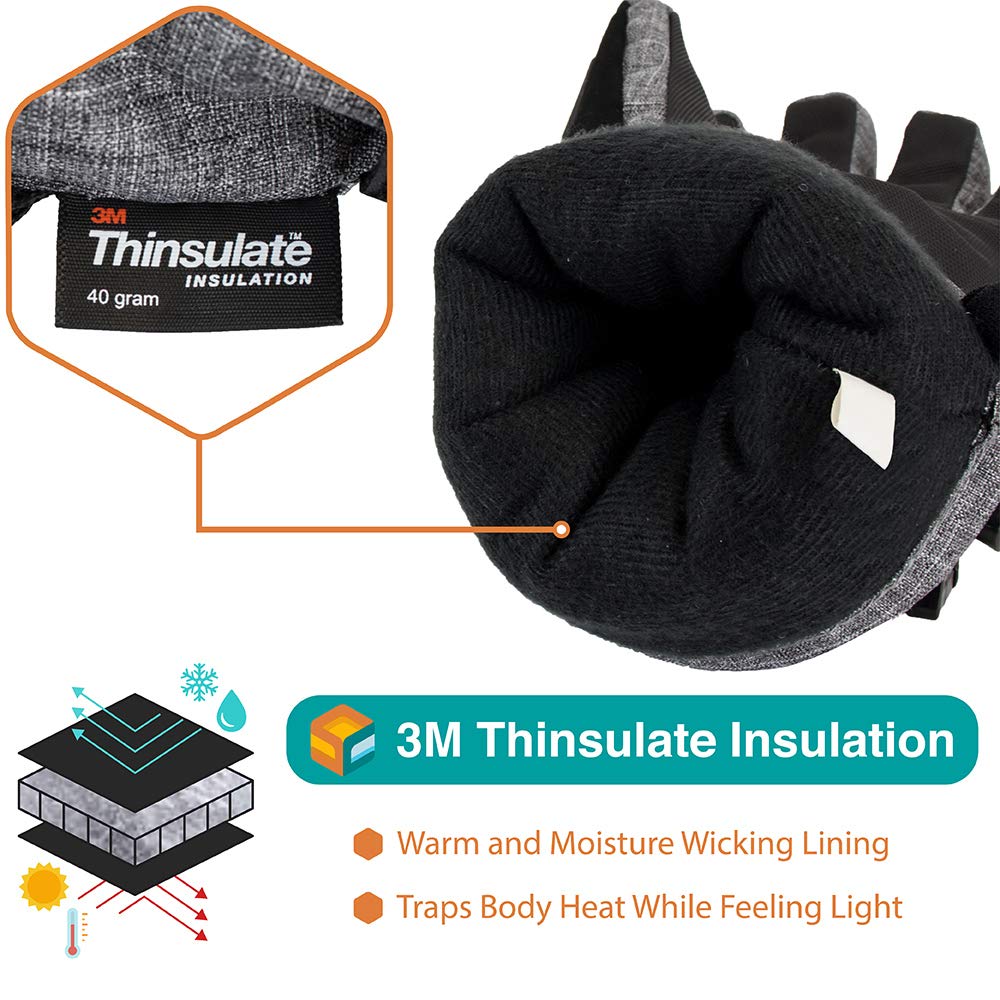 SUN CUBE Ski Gloves Men Women, Waterproof Thermal Winter Snow Gloves, Windproof 3M Thinsulate Snowboarding Snowmobile Skiing, Insulated Warmers Zipper Pocket Cold Weather Outdoor Snowboard, Gray L