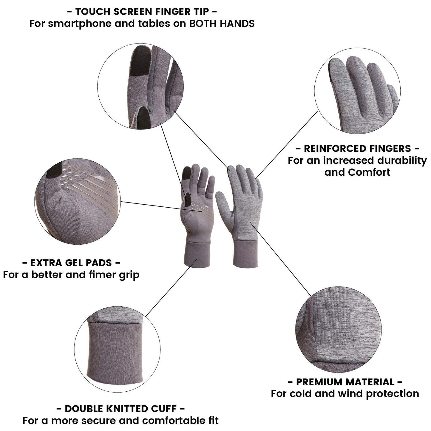 Running Gloves: Lightweight Sport Gloves with Touch Screen Fingers for Men Women Spring Fall Winter (Double Gray, Medium)