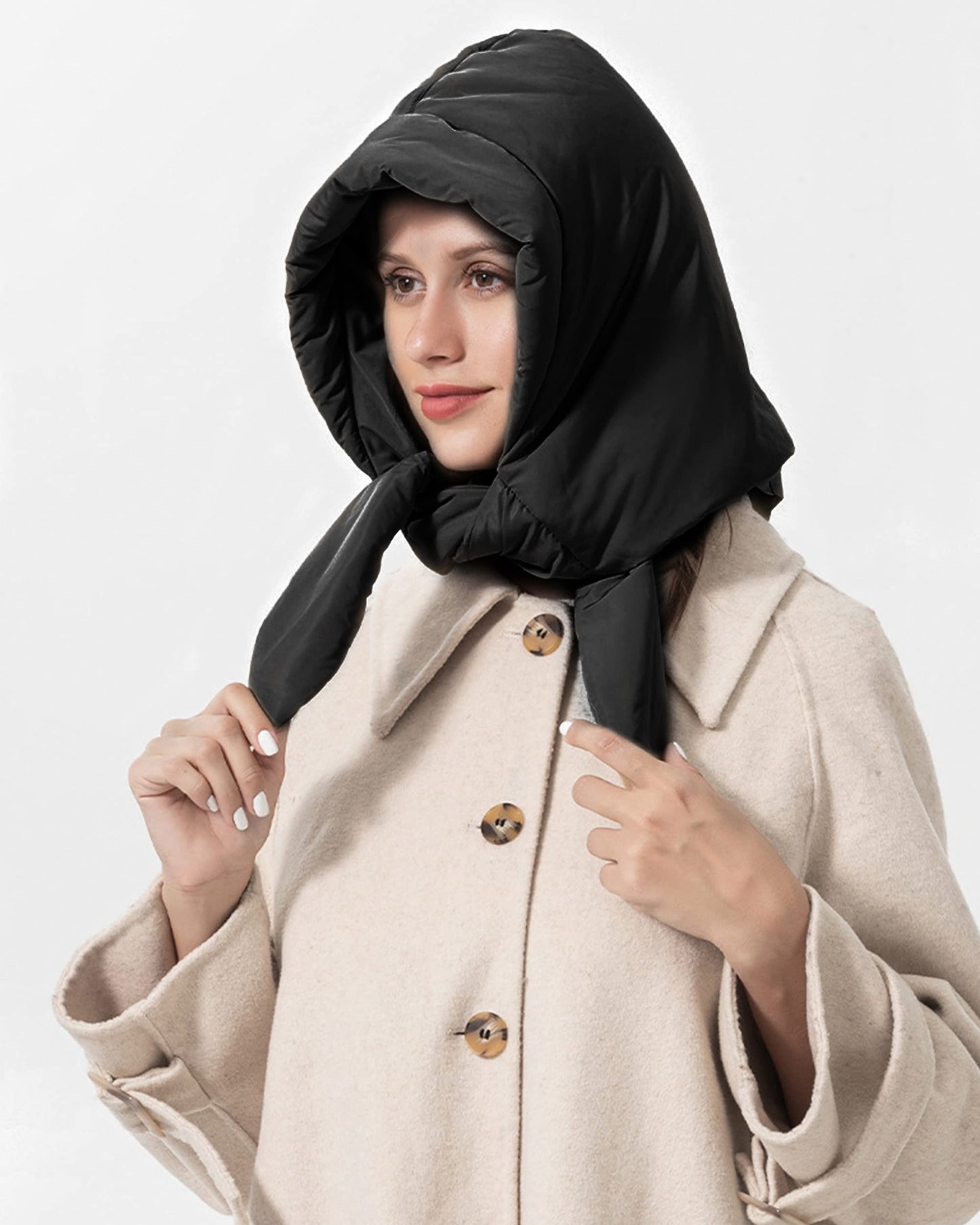 Winter Down Hood Hat Hooded Scarf Hat Extra Warm Tie Under Chin for Women Girls Black