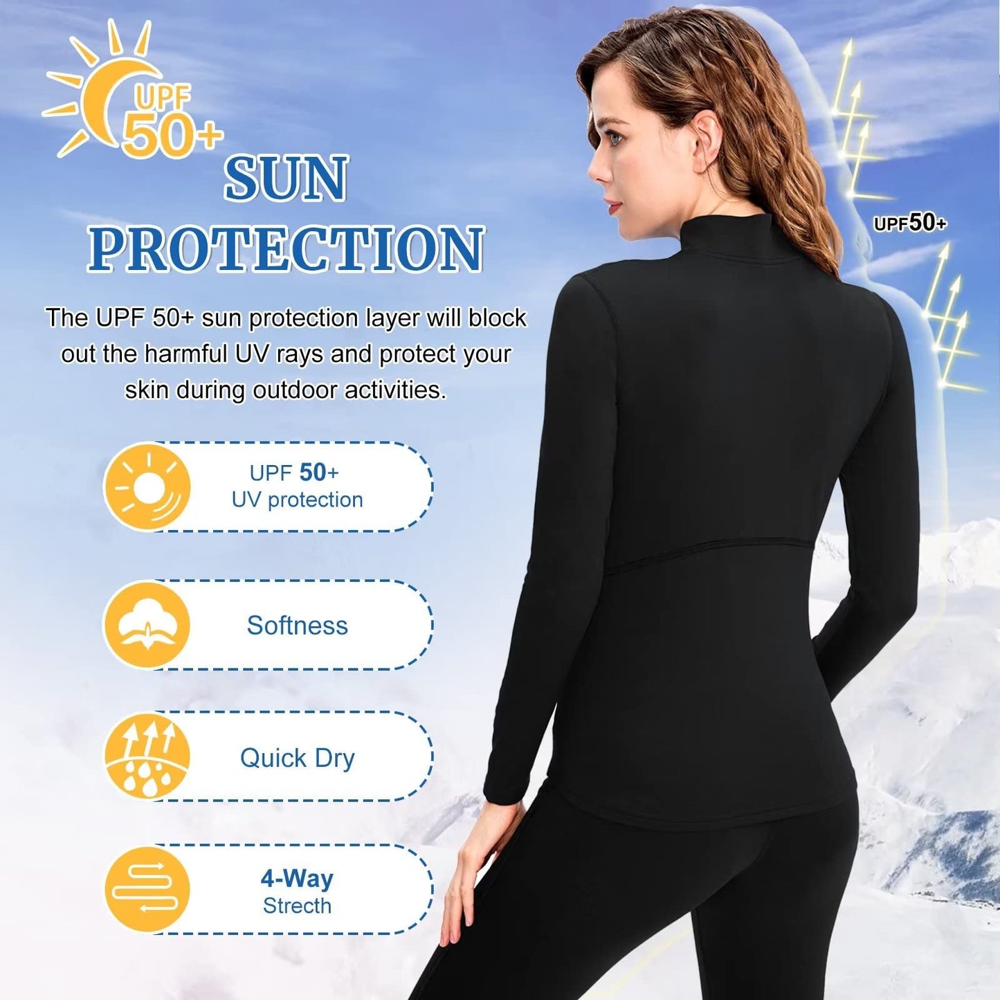Tesuwel Ski Base Layer Women Cold Weather Long Sleeve Thermal Shirt Women Snowboard Underlayer for Hiking Running Thermal Underwear Top Women Half Zip Athletic Shirts Moisture Wicking 02513 Black XL