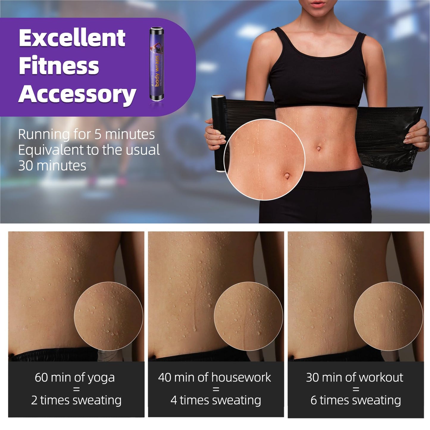 Hayunfiys 60 Meters Black Osmotic Plastic Body Wrap, Workout & Sweat Enhancer Stomach Film Body Applicator Power Wrap -DIY Sauna Wrap(4 Rolls)
