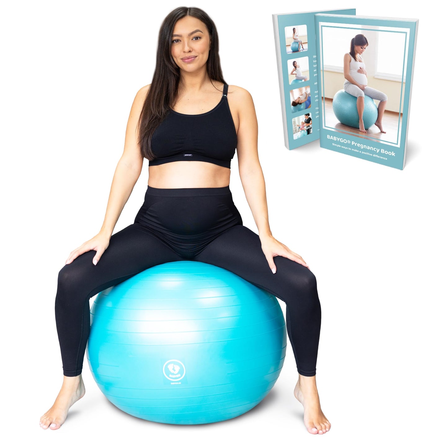 BABYGO Birthing Ball - Pregnancy Yoga Labor & Exercise Ball & Book Set Trimester Targeting, Maternity Physio, Birth & Recovery Plan Anti Burst Eco Friendly Material + Pump 65cm Turquoise