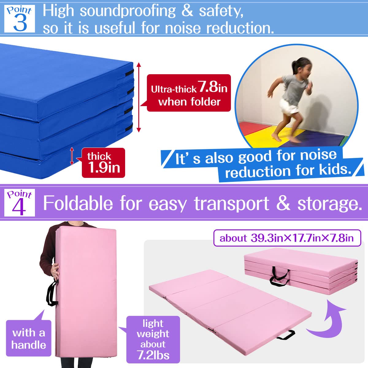 KaRaDaStyle Gymnastics Mat Folding Stretch Mats 71"x39"x2" Exercise Muscle Training Children Play Horizontal Bar Mat Yoga Sports Soundproof Home Use (Blue/4-fold)