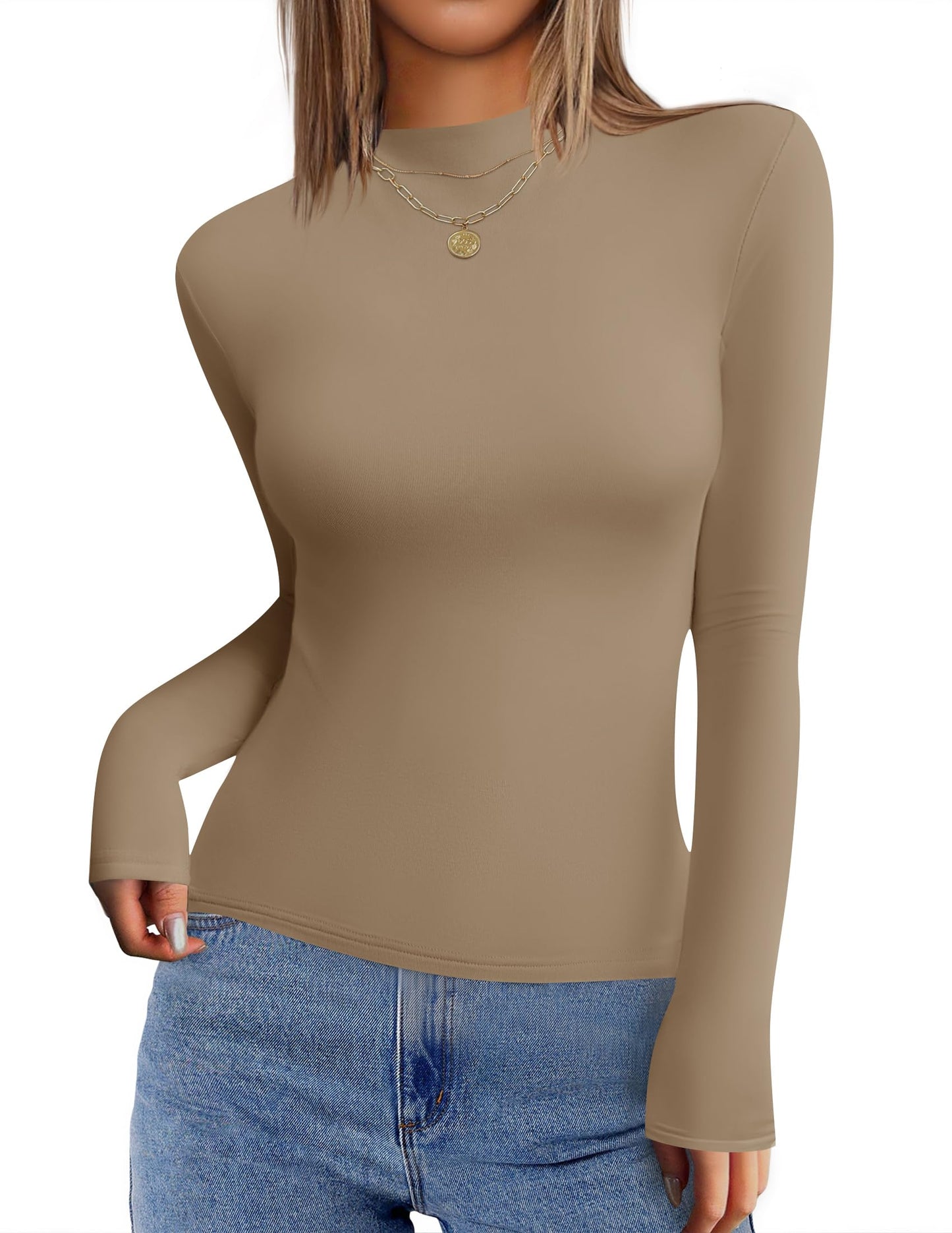 ZESICA Women's Fleece Sherpa Lined Shirts Winter Thermal Casual Slim Fit Long Sleeve Mock Neck Pullover Tops,Khaki,Medium