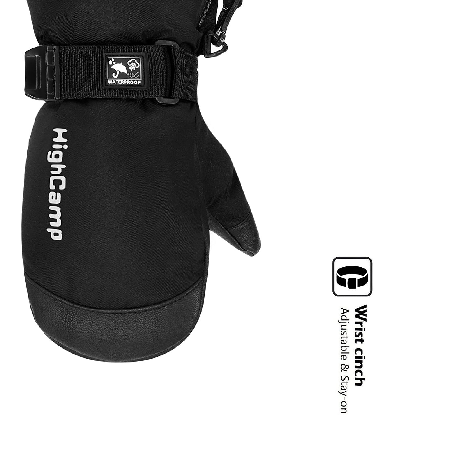 HIGHCAMP Kids Ski Mittens Waterproof Winter Snow Gloves with Zipper and String on Long Cuff for Toddler Boys Girls -Black,M (6-8 Y)