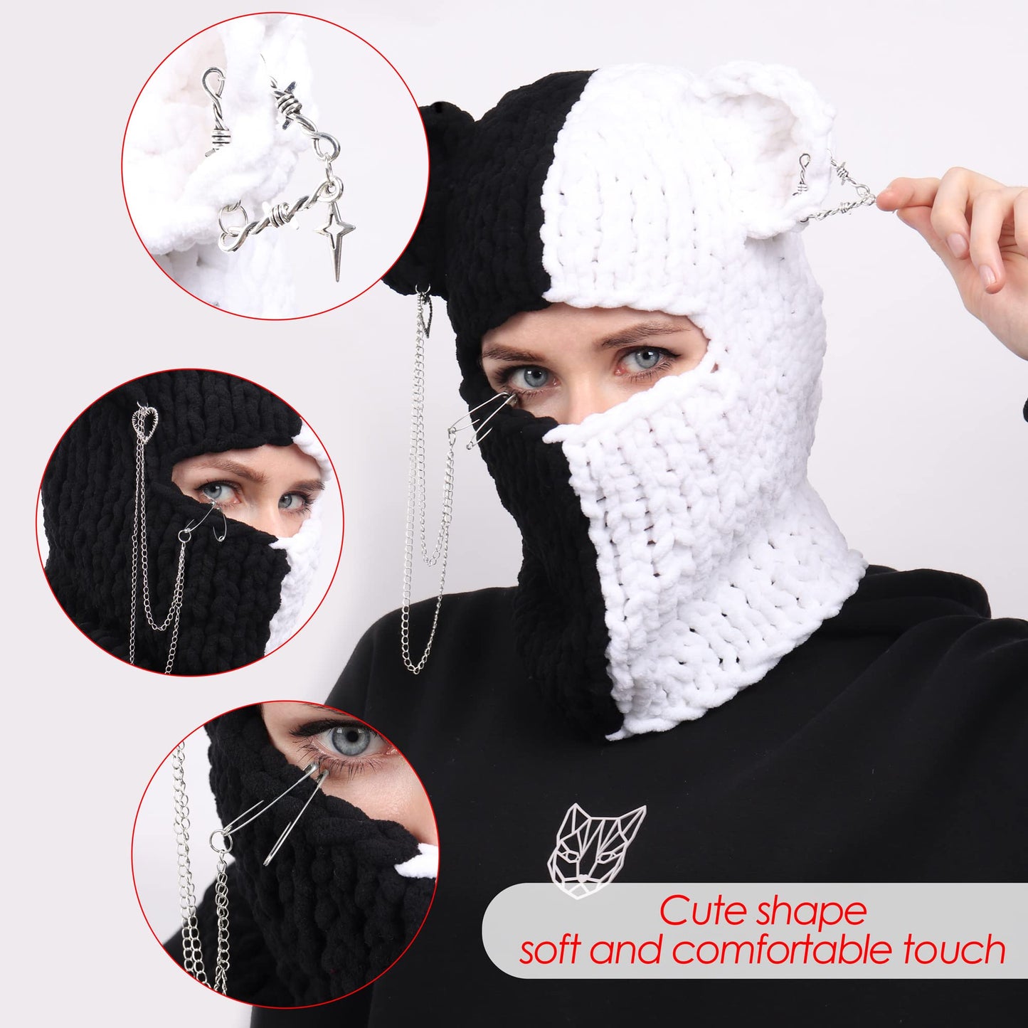 DAZCOS Knitted Balaclava Hat Devil Horn Bunny Ears Head Mask Winter Woolen Beanie Riding Hats for Women and Men (White+Black2)