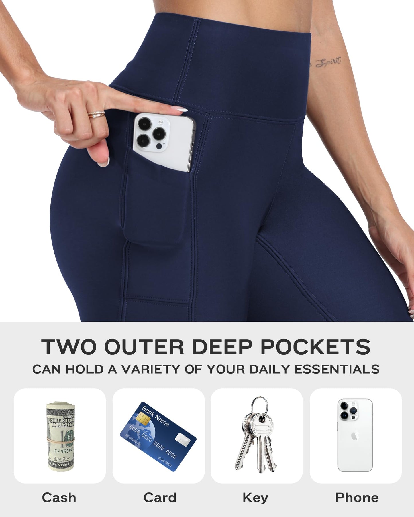 NORMOV Fleece Lined Leggings with Pockets for Women,High Waisted Winter Thermal Warm Sherpa Leggings(Navy, S)