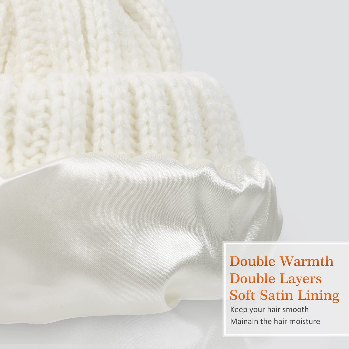 Muryobao Womens Winter Beanie Hat Warm Silk Satin Lined Cuffed Cable Knit Hat with Detachable Pom Ski Skull Cap White