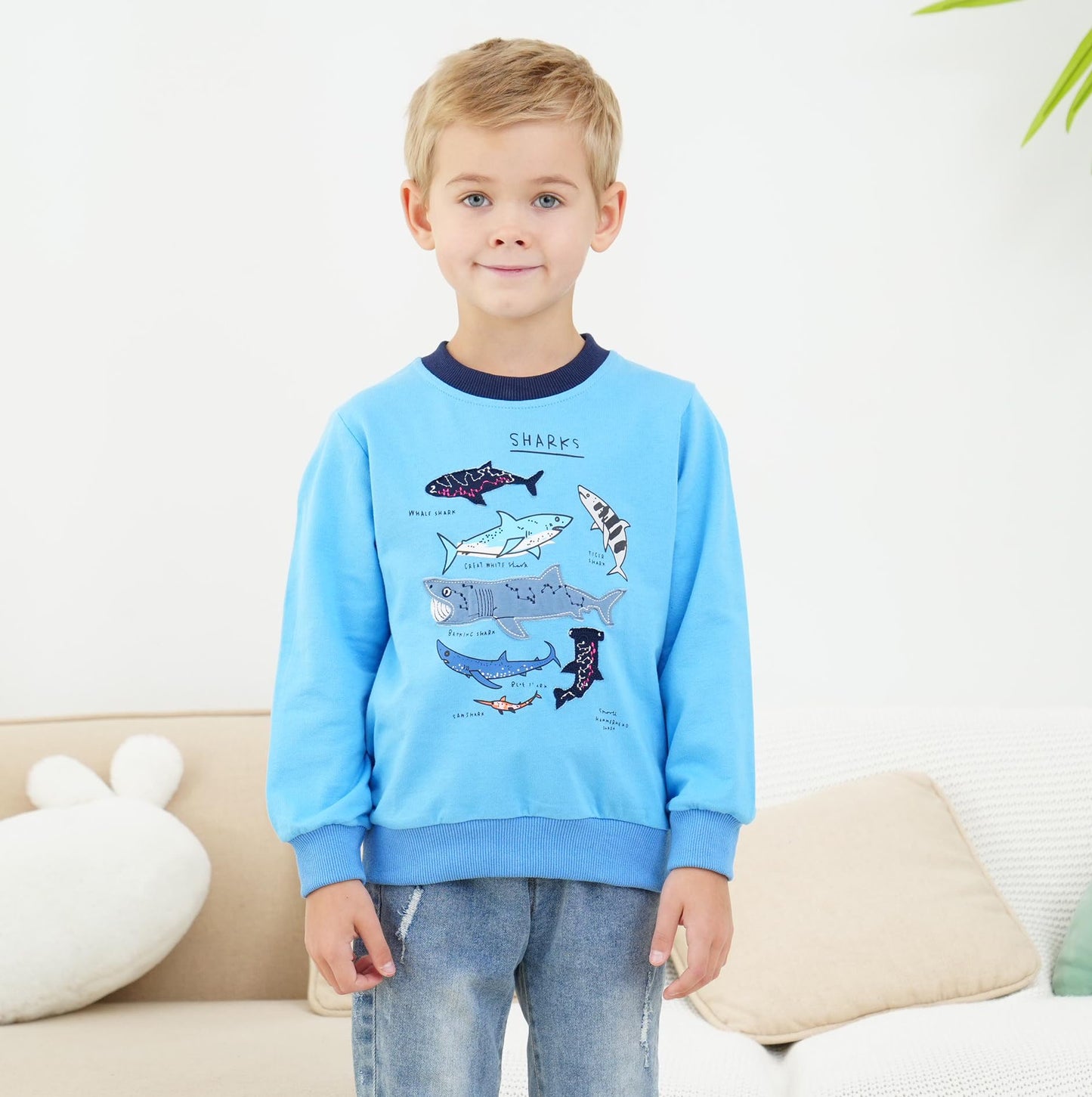 Shark Sweatshirt Boys Long Sleeve Shirts Crewneck Pullover Sweatshirts Toddler Animal Outfit Blue Tops Kids Fall Winter Sweater 6t