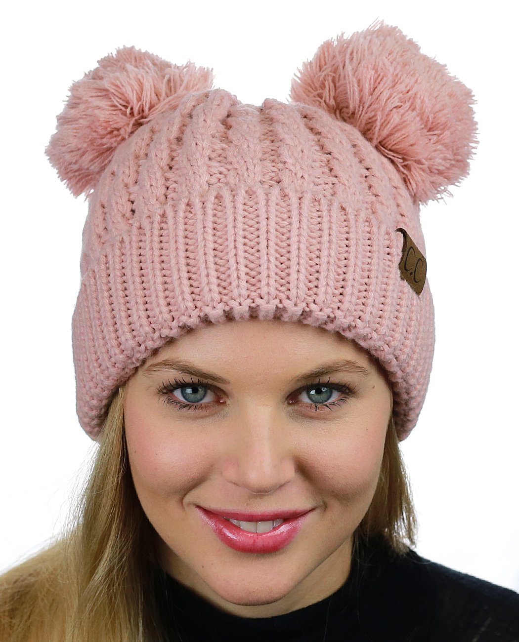 C.C 2 Ear Pom Pom Cable Knit Soft Stretch Cuff Skully Beanie Hat, Indi Pink