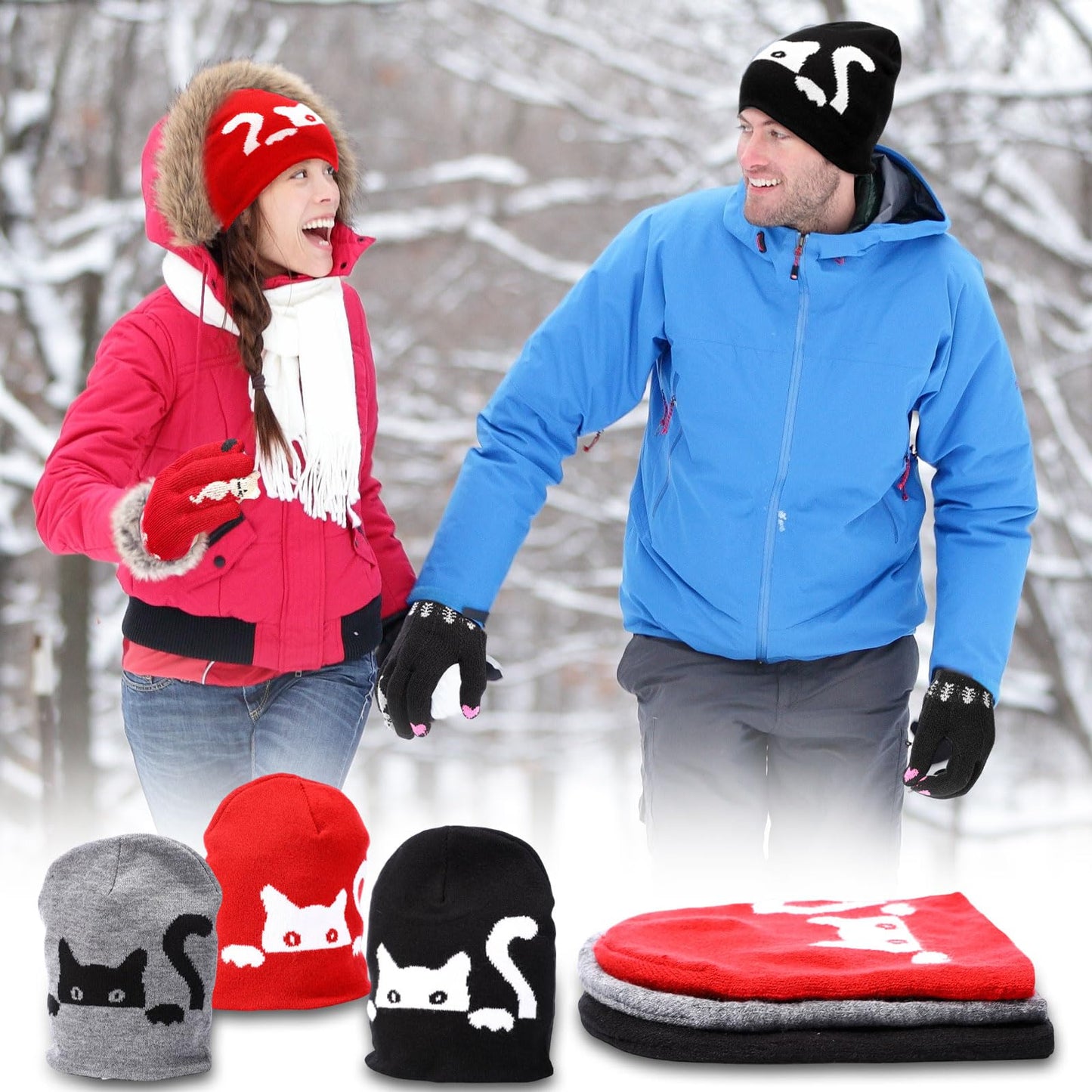 SATINIOR 6 Pieces Women Knit Beanie Hats Touchscreen Gloves Set for Winter Cute Hats Soft Skull Cap Gifts for Christmas(Red, Black, Gray,Cute Style)