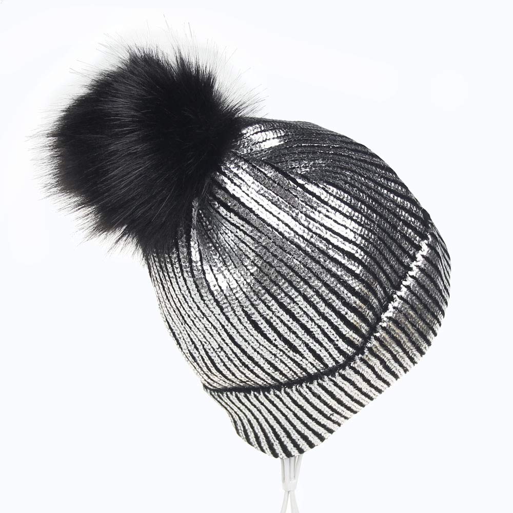 BabyPrice Women Girls Metallic Knitted Winter Beanie Hat Slouchy Faux Fur Pom Pom Skull Cap