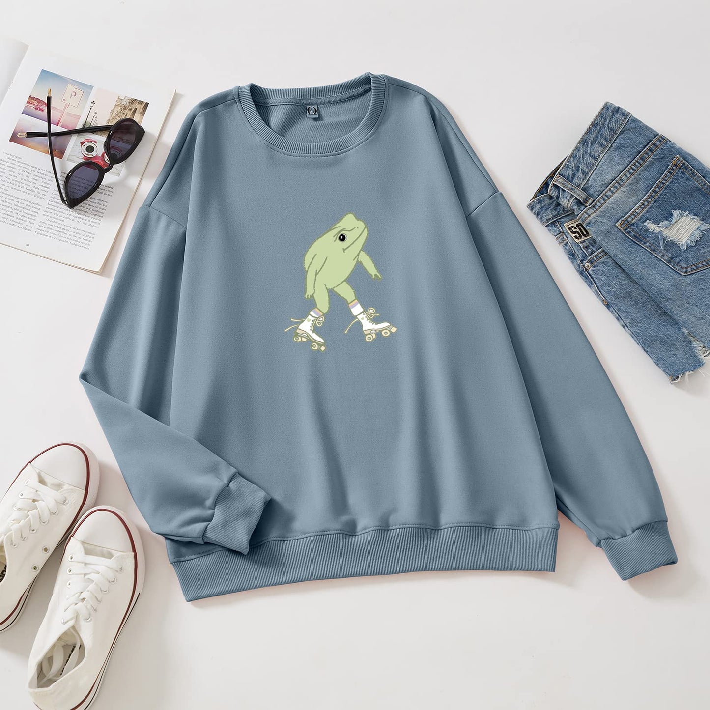 KEEVICI Cute Frog Sweatshirt for Teen Girls Kawaii Hoodie Oversized Aesthetic Animal Print Sweaters Baggy Crewneck Pullover (Gray Blue,M,Medium)