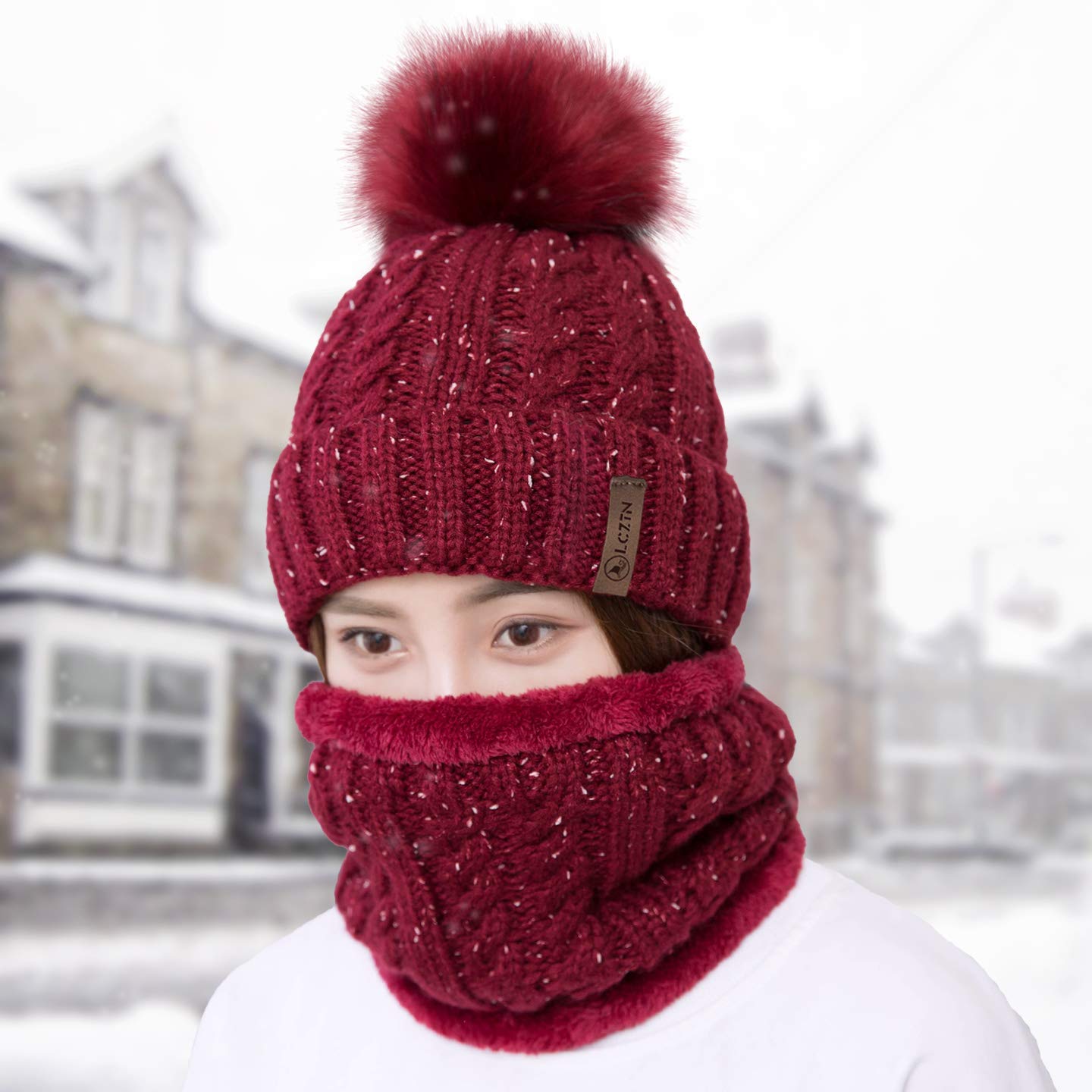 LCZTN Womens Pom Beanie Hat Scarf Set Girls Cute Winter Ski Hat Slouchy Knit Skull Cap with Fleece Lined