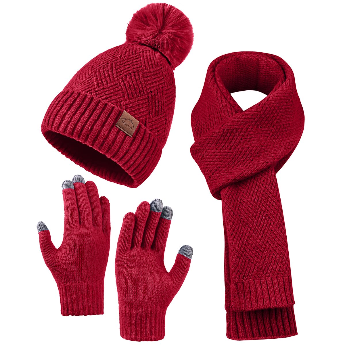 Womens Beanie Hat Scarf Gloves Set,Fleece Lined Winter Hat with Pom Pom,Long Knit Scarf Touchscreen Gloves for Cold Weather (Wine Red)