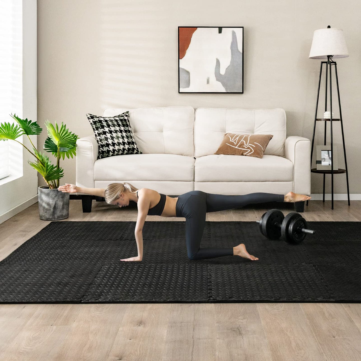 Tangkula 36 Tiles Exercise Flooring Mats with Border, Non-Slip EVA Foam Protective Mats, Elastic Puzzle Play Mats, 1/2" Interlocking Floor Mats for Home Gym, Fitness Room, Workshop Equipment(Black)
