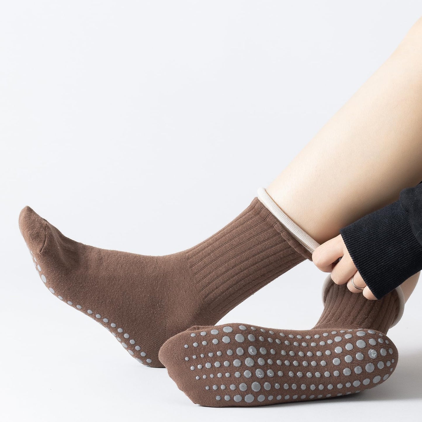 Yoga Pilates Socks with Grips for Women Non Slip Colorful Cushioned Crew Socks for Barre Ballet Dance (Dark Coffee)