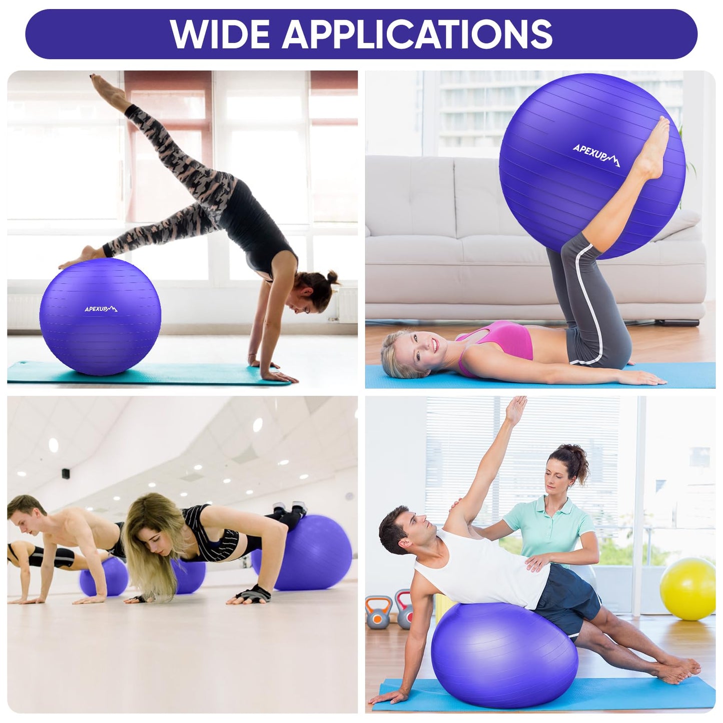 APEXUP Yoga Ball Exercise Ball, Anti Slip Stability Ball Chair, Heavy Duty Large Gym Ball for Fitness, Balance, Core Workout and Physical Therapy (S (15"~18") 45cm, Indigo)