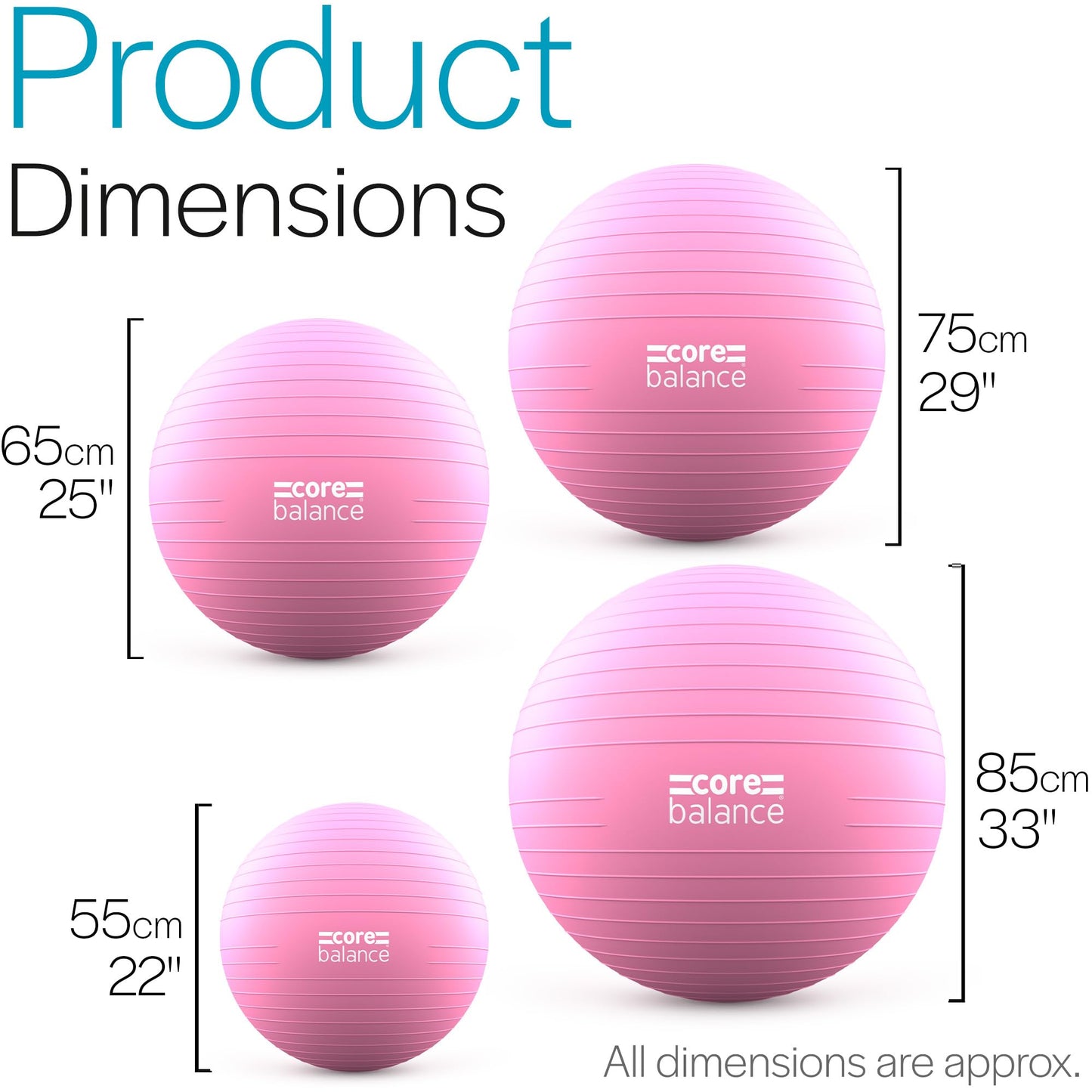Core Balance Exercise Ball for Workouts, Anti-Burst and Slip Resistant, Swiss Yoga Ball for Pregnancy, Stability, Fitness and Physical Therapy, 4 Sizes, with Pump (25" / 65cm Pink)