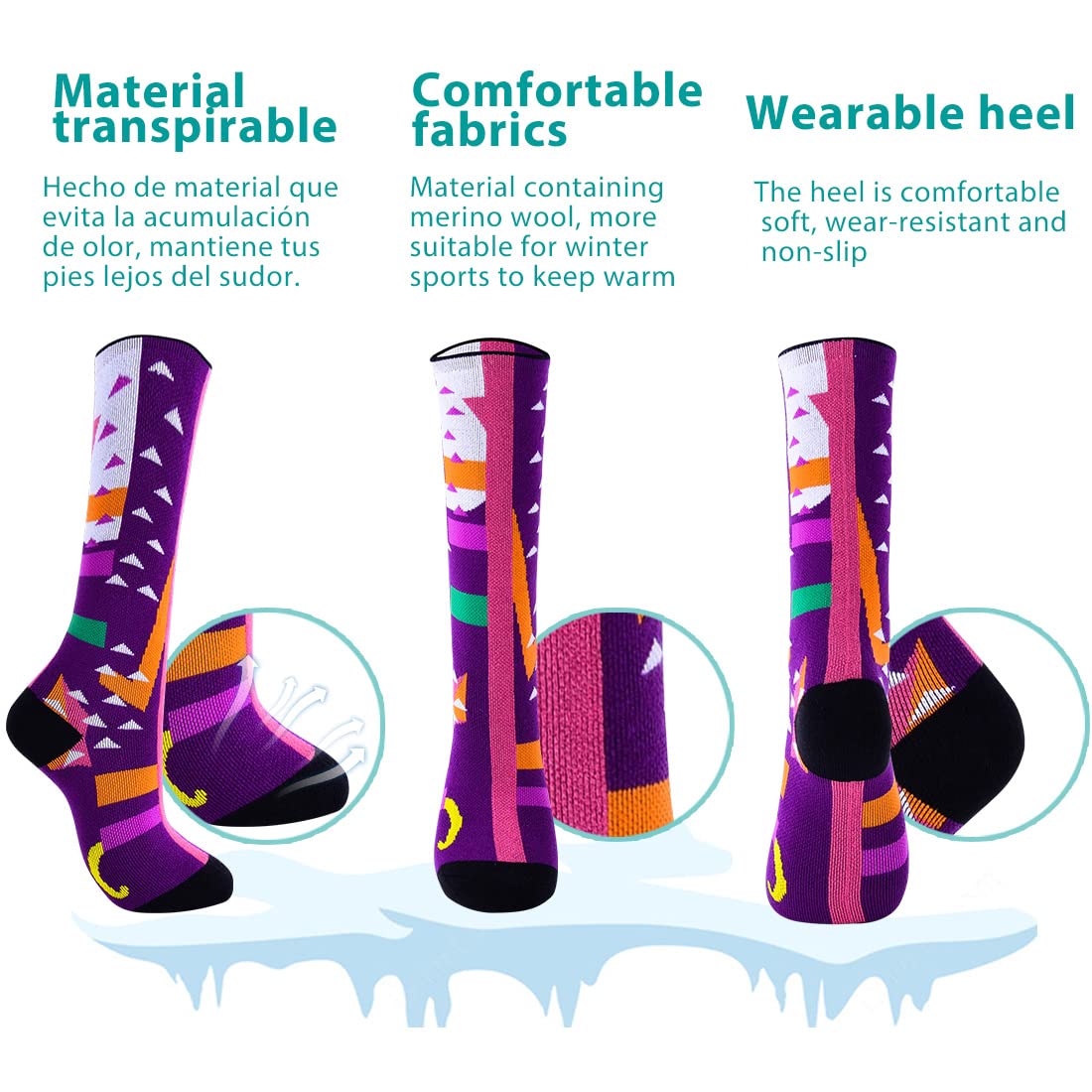 AII Knee High Ski Socks Boys Girls Kids,Snowboard Socks for Skiing Outdoor Cold Weather(2 pairs) (Pink+sky blue+Rose red, Small)