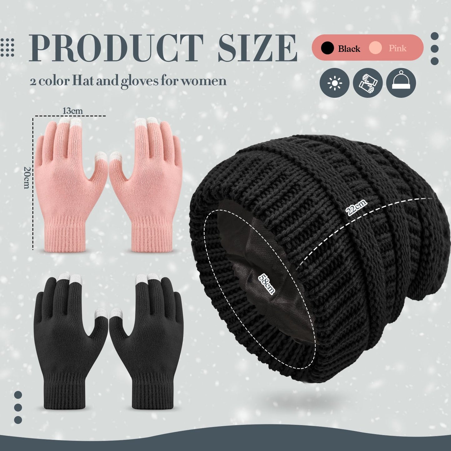 Breathffy 4 Pcs Winter Hat and Gloves for Women, Satin Lined Hats for Women Touchscreen Gloves Slouchy Knit Beanies Set(Black, Pink)