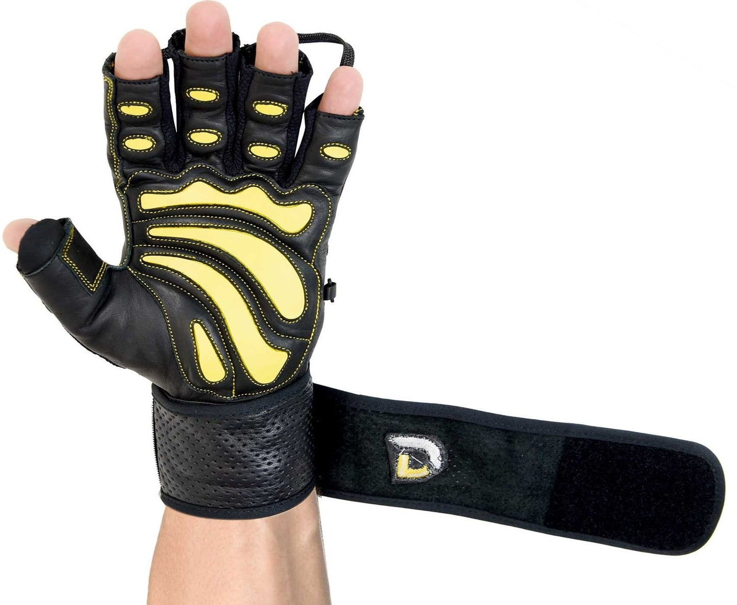 Elite Leather Gym Gloves with Built in 2" Wide Wrist Wraps Best Leather Glove Design for Weight Power Lifting Bodybuilding & Strength Training Workout Exercises (Yellow, Medium)
