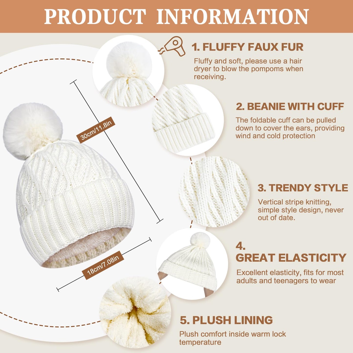 Pibupibu Grey Winter Knit Beanie Hat Scarf Gloves Set for Women, Fleece Lined Chunky Beanie Hats with Pom Pom Neck Warm Scarf Touchscreen Gloves 3 in 1 Set