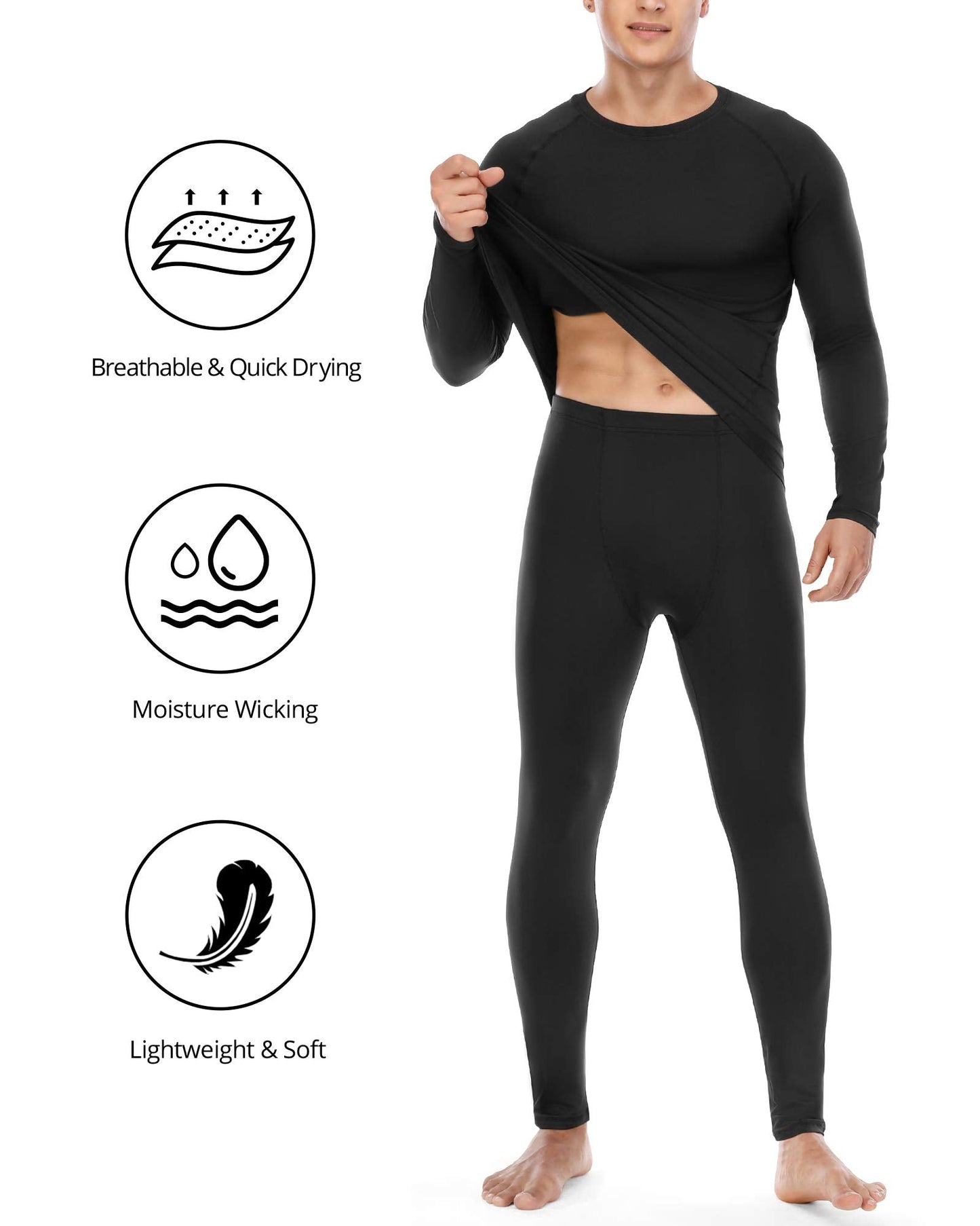 Roadbox Thermal Underwear for Men: Fleece Lined Long Johns Base Layer, Extreme Cold Weather Winter Ski Thermals Top and Bottom Set Black