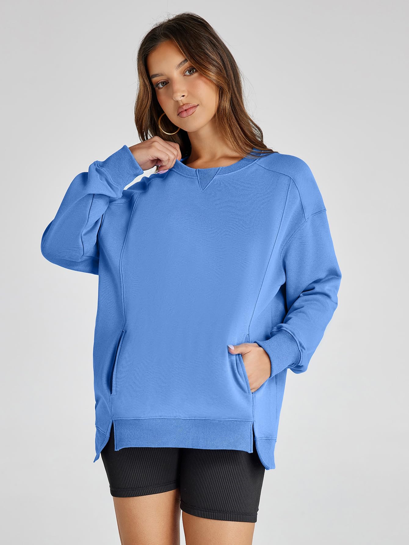 Glamaker Women's Long Sleeve Pullover Sweatshirt Oversized Sweatshirts Casual Crew Neck Tops Y2k Winter Fall Clothes Blue XL