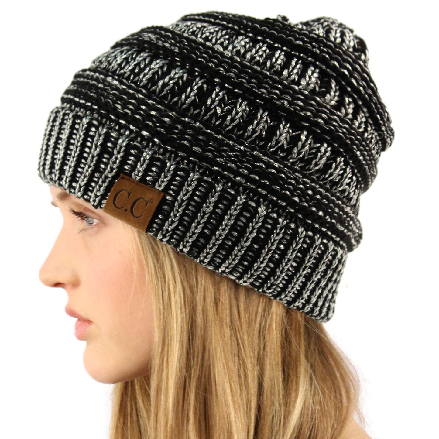 CC Classic Winter Fall Trendy Chunky Stretchy Cable Knit Beanie Hat (Metallic Black/Silver)
