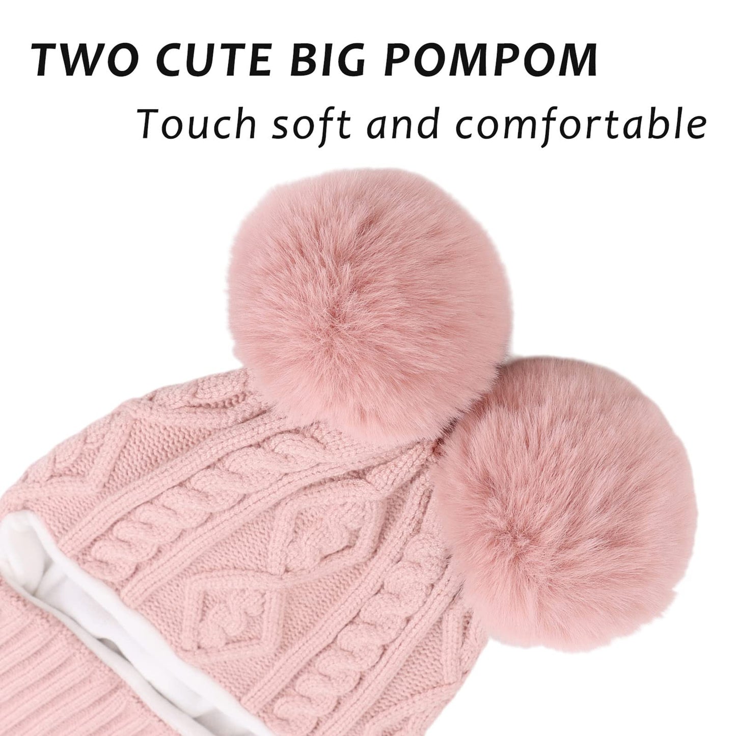 Winter Baby Knitted Hat Scarf Kids Boys Girls Hood Hats Toddler Earflap Beanie with Pompom(Skin Pink Pompom,S)