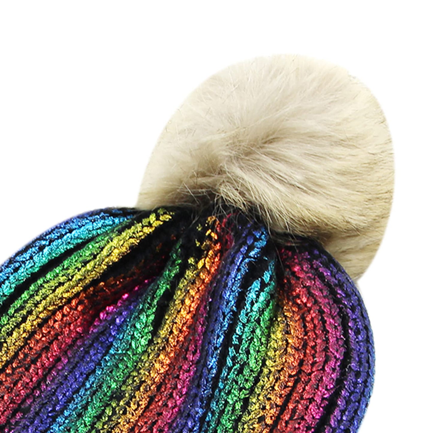 JUMISEE Women Girls Shiny Metallic Knit Beanie Hat Slouchy Winter Skull Cap with Faux Fur Pompom