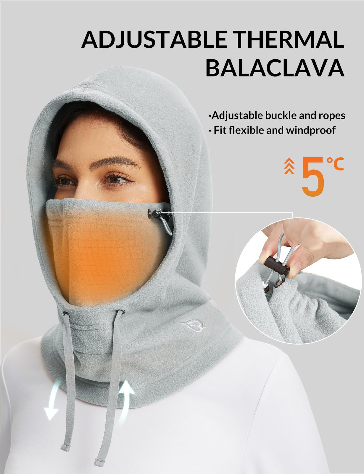BALEAF Fleece Balaclava Face Mask,Thermal Ski Mask for Men and Women,Winter Hats Face Cover Cold Weather Gear Grey-Regular Fit