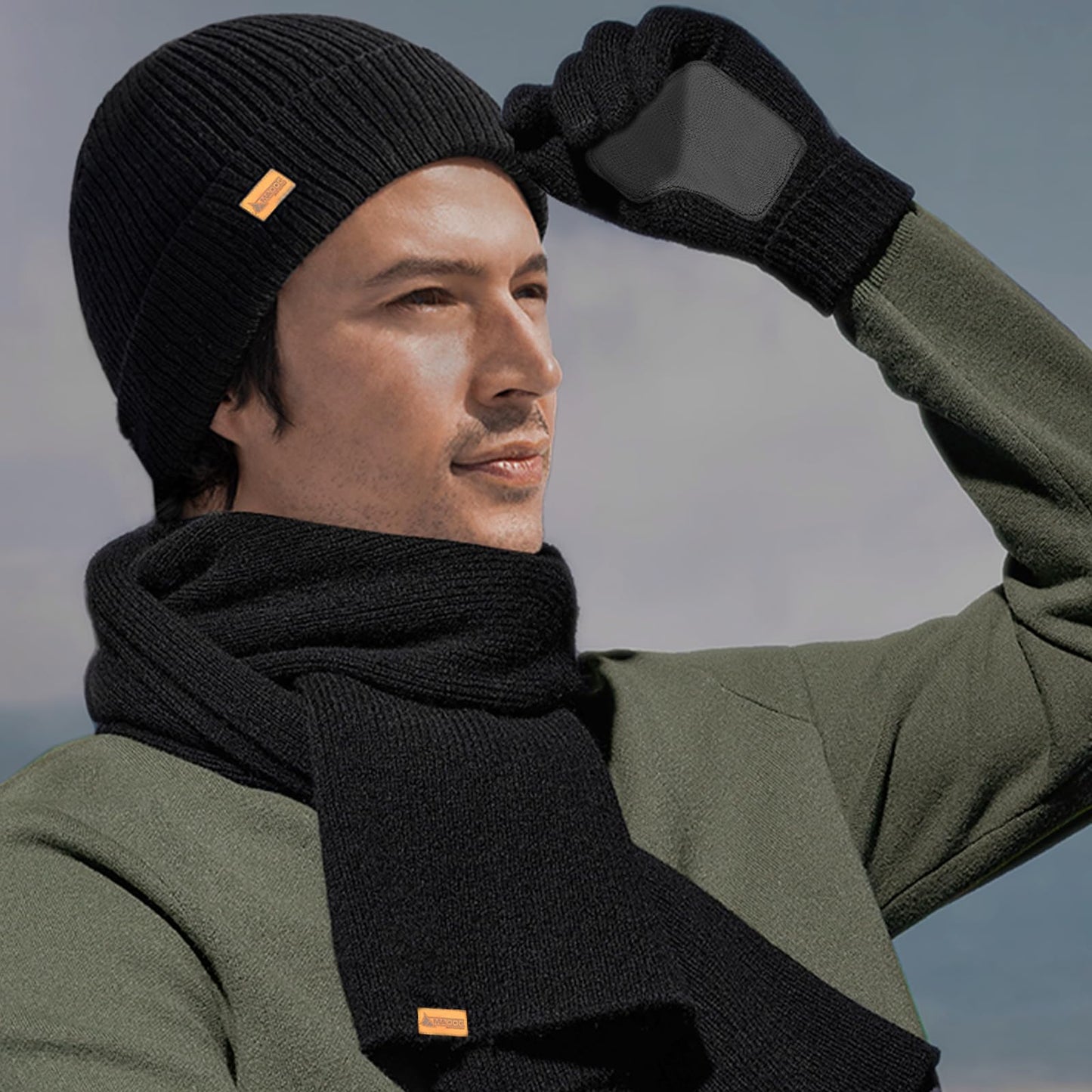 MADOG Winter Warm Knit Synthetic Wool Beanie Hat Scarf Touchscreen Gloves Set for Women Men (Black)
