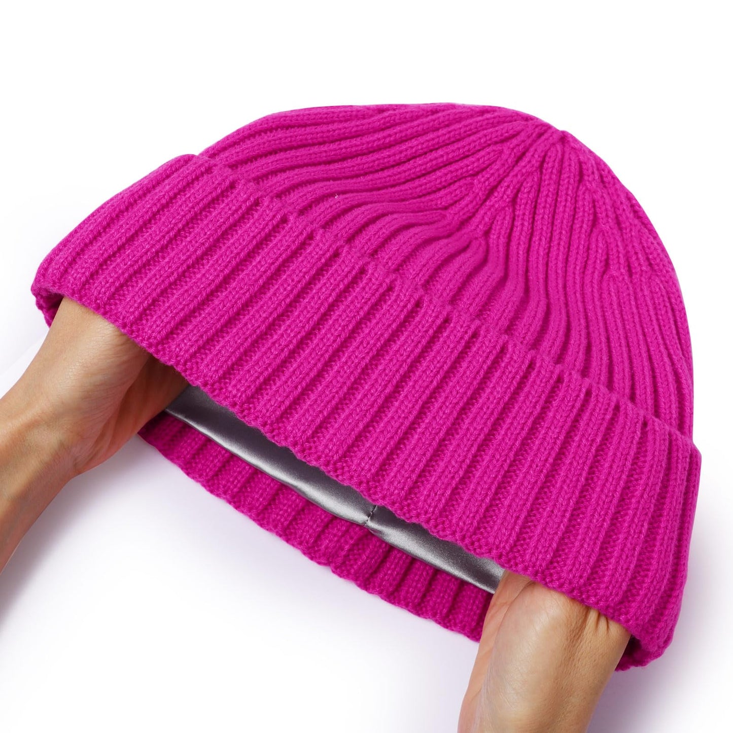 LiuSuper Satin Lined Beanie for Women Men, Winter Hats for Women, Slouchy Silk Lined Beanie, Warm Unisex Cuffed Beanie Rose