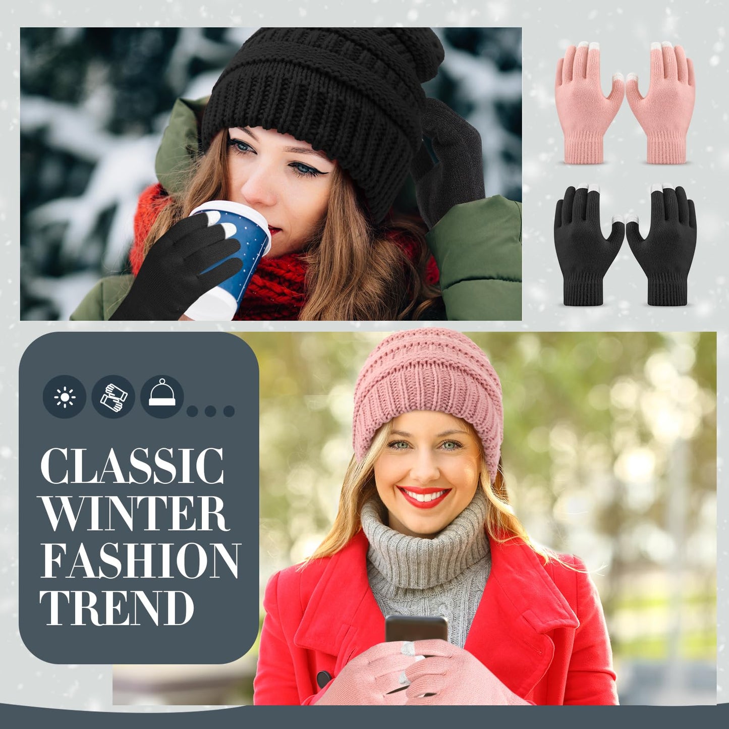 Breathffy 4 Pcs Winter Hat and Gloves for Women, Satin Lined Hats for Women Touchscreen Gloves Slouchy Knit Beanies Set(Black, Pink)