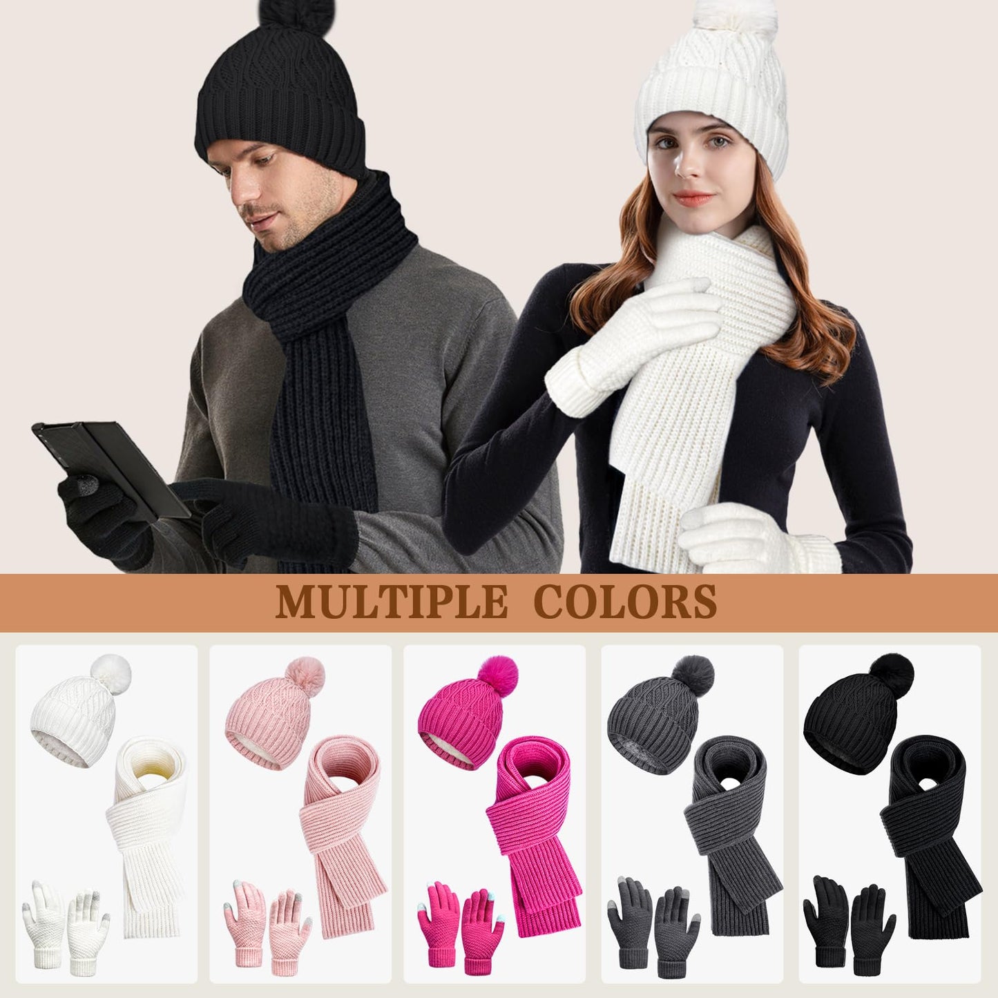 Pibupibu Grey Winter Knit Beanie Hat Scarf Gloves Set for Women, Fleece Lined Chunky Beanie Hats with Pom Pom Neck Warm Scarf Touchscreen Gloves 3 in 1 Set