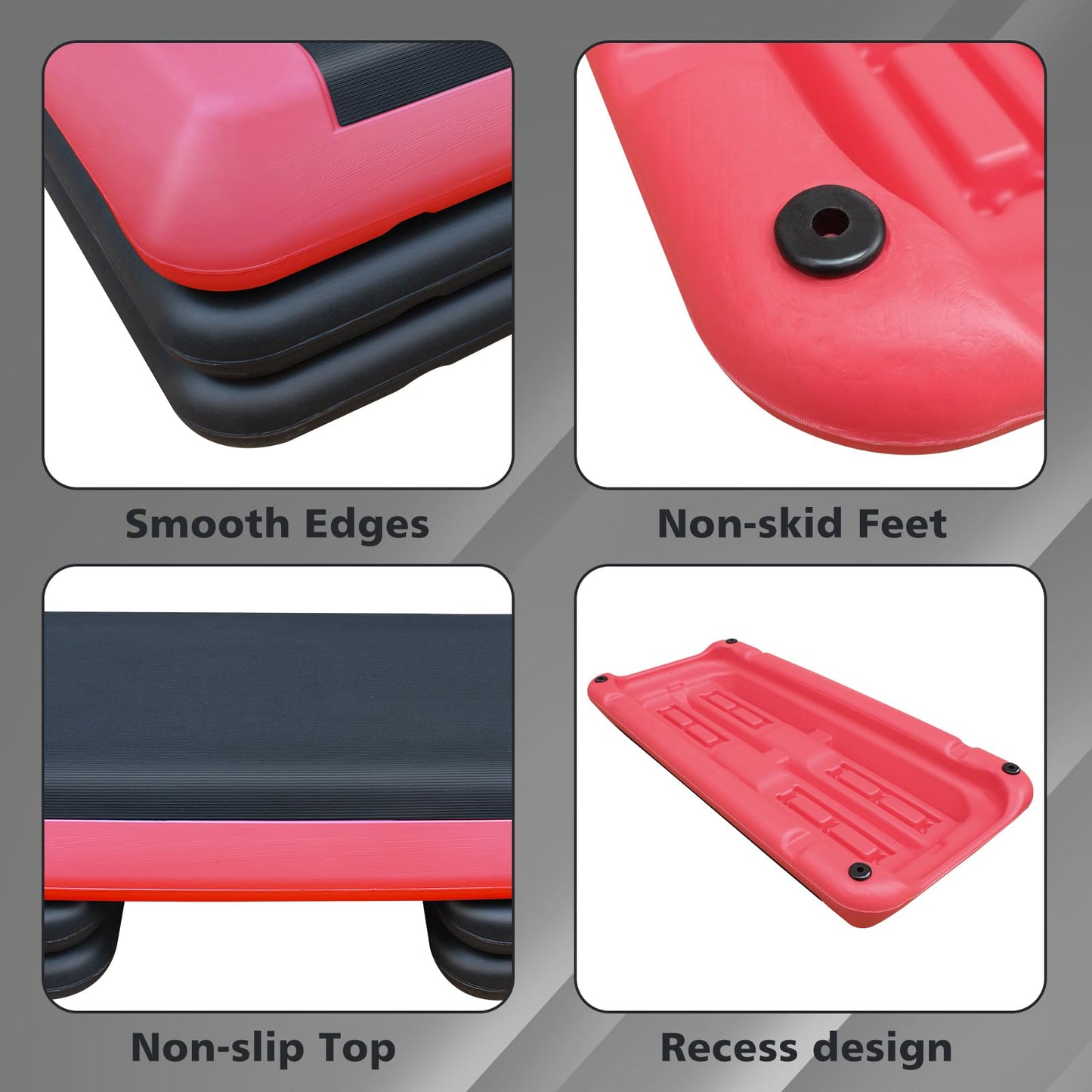 SculPong Aerobic Step Platform Height Adjustable Workout Step 4" - 6" - 8" for Fitness Strength Training with 2 Risers Rose Red