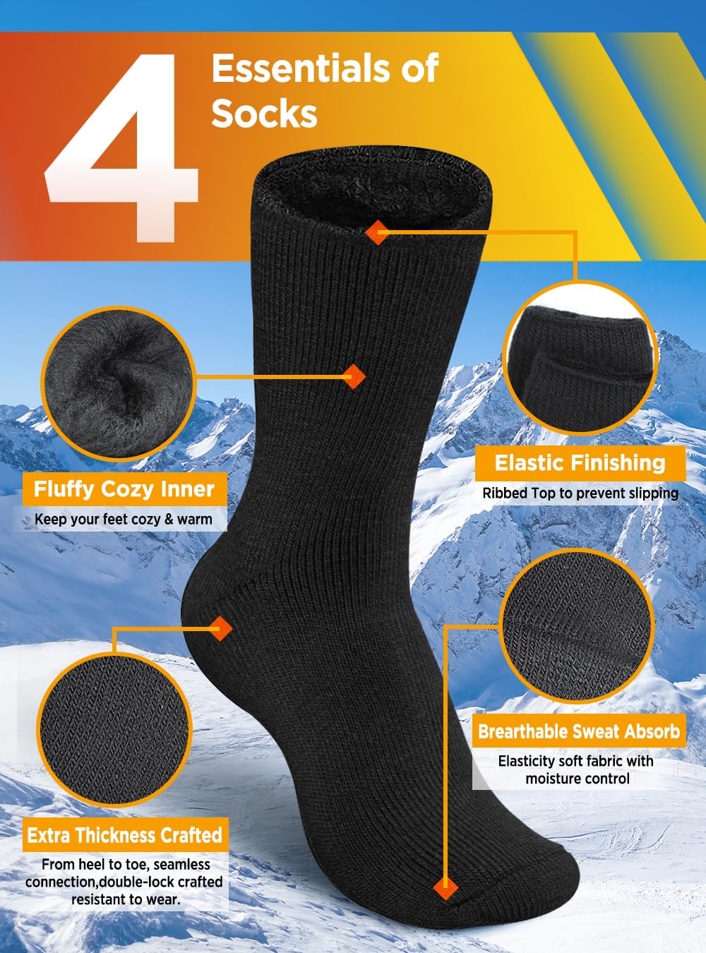 Bymore 2 Pairs Thermal Socks for Men,Heated Socks for Women, Warm Thick Winter Socks Insulated Cold Weather(Black,4-10)